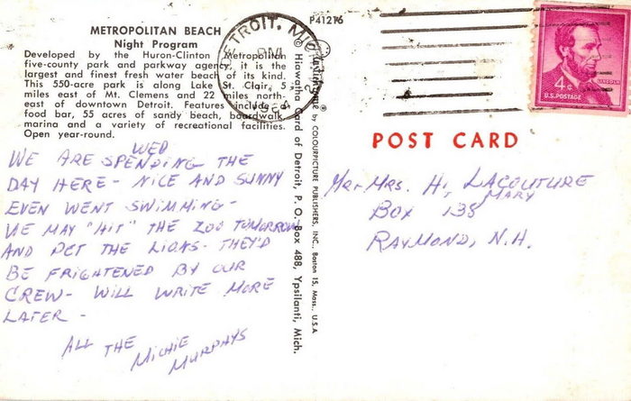 Lake St. Clair Metropark (Metro Beach, Metropolitan Beach) - Vintage Postcard Back (newer photo)